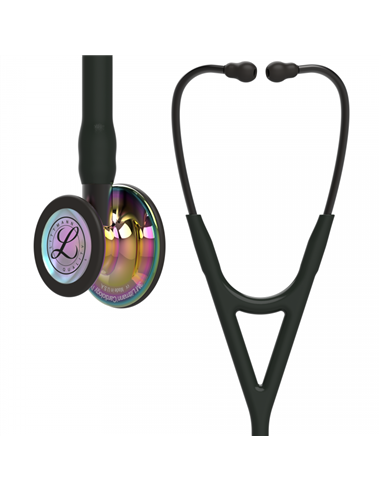 Littmann Cardiology IV Stethoskop hochglänzendes, regenbogenfarbenes Bruststück, schwarzer Schlauch, Schlauchanschluss und Ohrbü