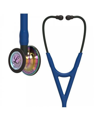 Prsni dio stetoskopa Littmann Cardiology IV s preljevnim završnim slojem visokog sjaja, tamnoplavim cijevima, crnim drškom i