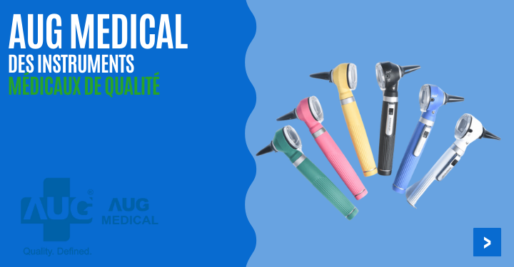 Vous voulez acheter un otoscope ? AUG Medical instruments médicaux de haute qualité. Otoscope LED, tensiomètre ou ophtalmoscope de différentes couleurs !